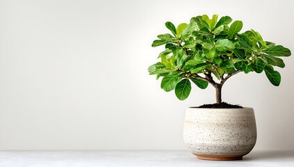 Small ficus lyrata bambino in a speckled pot against a plain white background on a white surface