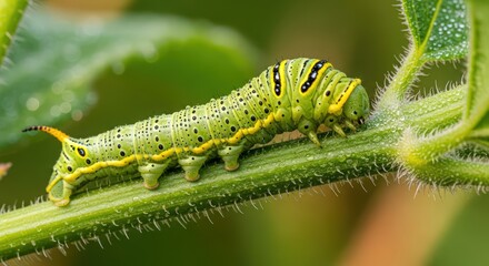 Macro Shot of a Spicebush Swallowtail Caterpillar Crawling on a Green Stem