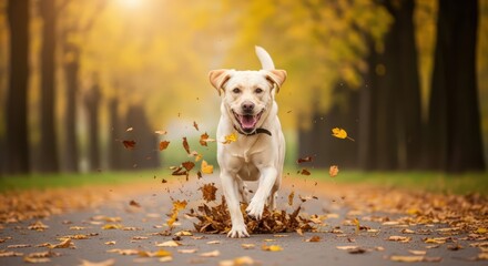 Happy Golden Labrador Retriever Dog Running and Playing in Autumn Leaves on a Path