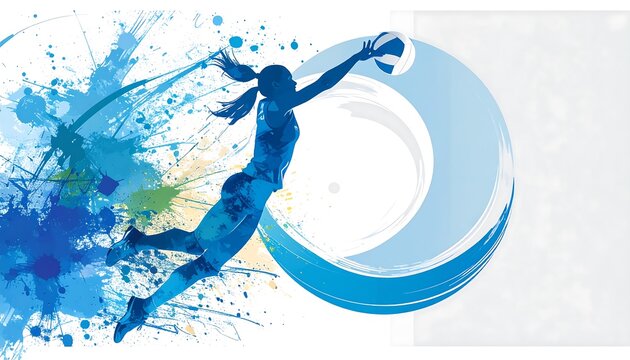 Silhouetted female volleyball player in mid-air.