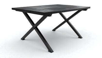 Black wooden dining table with crossed metal legs.