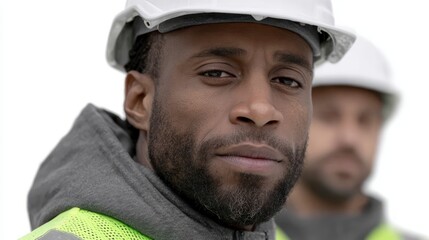 Fototapeta premium Close up portrait of two construction workers wearing hard hats and safety vests