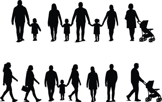 A set of flat vector silhouette illustrations depicting diverse family structures and individuals walking and pushing a stroller