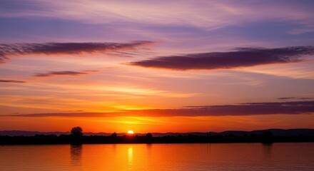 Obraz premium Fiery Sunset Over Calm Water with Purple Clouds orange