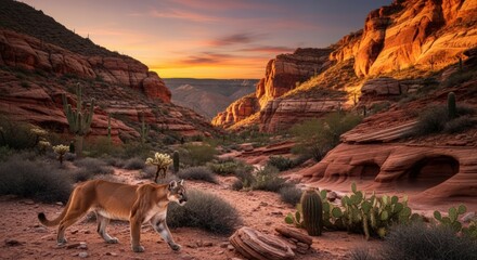 Majestic Cougar Strolling Through the Arizona Desert at Sunset
