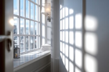Obraz premium Sunlight streams through a large window in a light-filled hallway