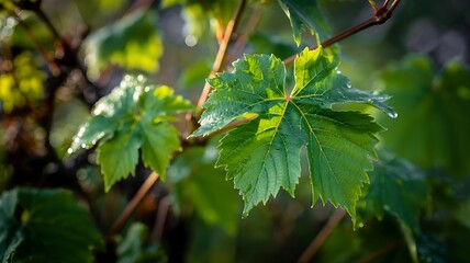 Close up of vibrant green grape leaves glistening with dew drops in the soft morning sunlight showcasing delicate veins and a natural outdoor setting