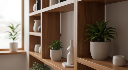 Elegant Interior Bookshelf Featuring Green Plants and Decorative Vases in a Modern Minimalist Home Decor Concept