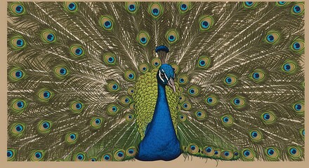 Obraz premium Elegant peacock displaying its stunning plumage with vibrant blue green and brown tones in a beautiful vintage illustration style