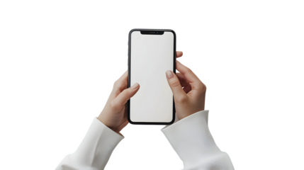Elegant hands holding blank phone screen, perfect for app mockups and digital designs