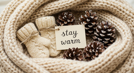 Cozy winter essentials knitted scarf mittens pine cones stay warm seasonal holiday decor