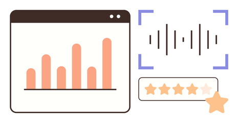 Bar chart showing data trends, sound wave visualization, and a star-based rating system. Ideal for analysis, feedback, customer satisfaction, technology, performance metrics, visualization simple