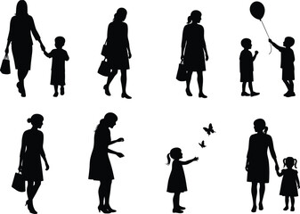 A beautiful collection of flat vector silhouettes depicting loving mothers with their children in various walking and playful poses