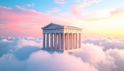 Obraz premium Ethereal view of a classical temple floating above the clouds at sunrise. A mythical and heavenly sanctuary concept.
