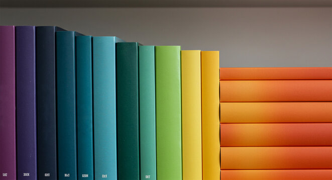 Colorful books on shelf rainbow gradient arrangement home decor book spines library