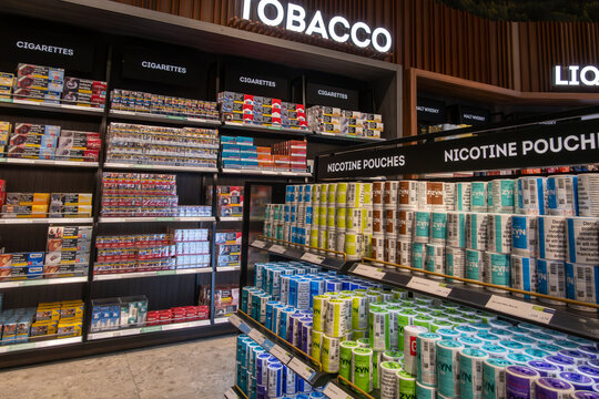 Stockholm, Sweden A display of Zyn nicotine pouches and other snus products in the Arlanda Airport duty-free shop.