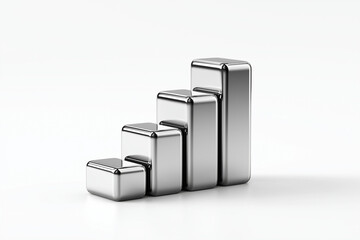 Silver metallic bar graph with smooth reflective surface showing growth concept on white background
