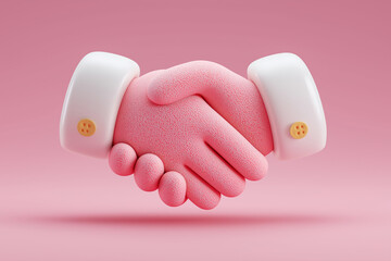 Obraz premium Soft pink handshake icon with smooth matte skin texture and white cuffs on pink background, symbolizing friendly agreement
