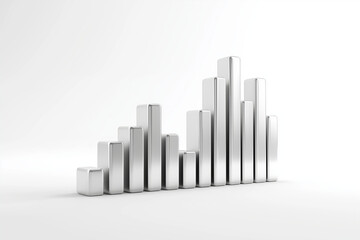 Silver metallic bar chart with smooth reflective surface on white background showing growth concept