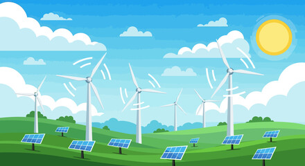 Green Energy Landscape - Wind Turbines and Solar Panels on Rolling Hills.