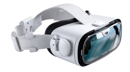 VR headset: A high-angle shot presents a VR headset, a sleek, immersive virtual reality experience with adjustable straps and ergonomic design.