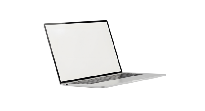 Sleek silver laptop with a blank white screen angled for optimal viewing.