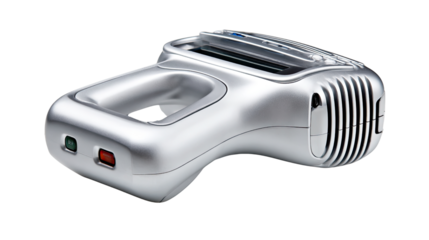 Silver Grooming Device: An artistic, eye-level shot captures the sleek sophistication of a metallic grooming device with a clean aesthetic. The modern design, from an overhead angle.