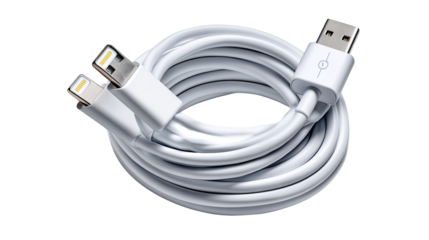 Cable Connectivity: A close-up shot of a pristine white USB cable with Lightning connectors showcases sleek design and seamless charging capabilities.