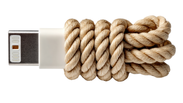 Data Security: A USB drive is tightly bound by a thick rope, symbolizing data protection and emphasizing the importance of safeguarding valuable digital information.