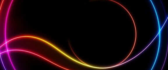 Abstract neon gradient circle lines, geometric curve pattern on black background , stylish, element