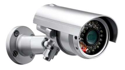 Surveillance Camera: a detailed, isolated image of a cutting-edge security camera. It shows the camera's sophisticated design and its capacity to monitor its surroundings.