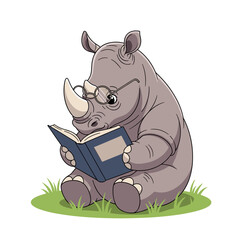 Wise rhino reading a book sitting in the grass wearing glasses