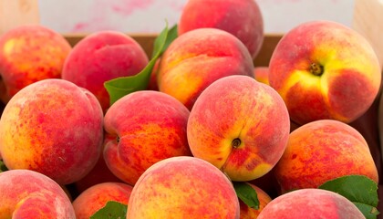 Close-up view of ripe peaches in a wooden crate.