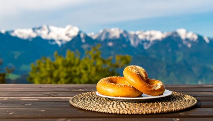 Two pretzels on a plate outdoors with a mountain backdrop.