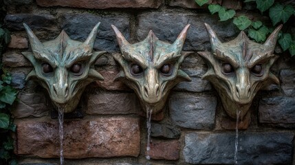 Three dragon heads, stone, fountain, wall, water