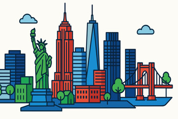 Obraz premium Stylized Vector Illustration of the New York City Skyline with Famous Landmarks.