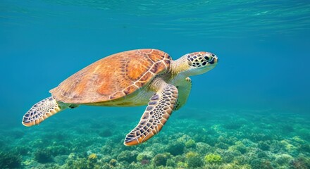 Obraz premium Sea Turtle Swimming Gracefully in Clear Blue Ocean Waters