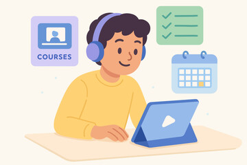 Naklejka premium Young Person Engaged in Online Learning with Tablet and Headphones.