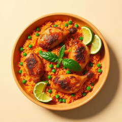 Fototapeta premium Delicious roasted chicken drumsticks with rice peas and lime garnished on a plate