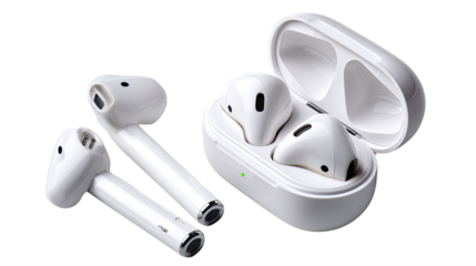 Wireless Audio Harmony: A modern, wireless earbud set presents a study in minimalist design, showcasing technological innovation.