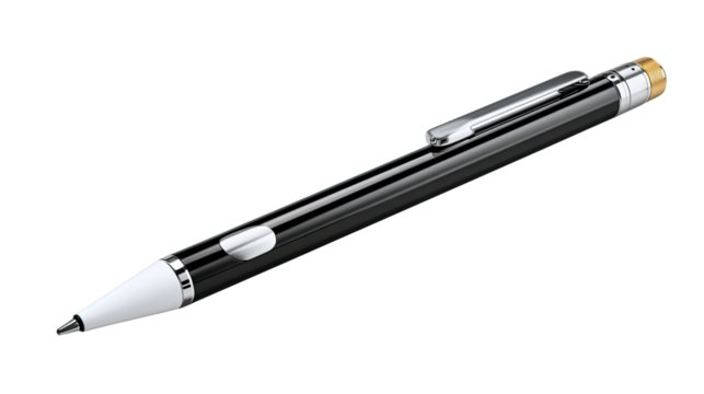 Elegant Pen: A sleek, black pen with metallic accents lies isolated, embodying precision, craftsmanship, and the power of communication and ideas. - Powered by Adobe