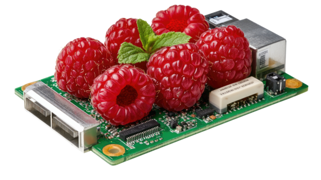 Raspberry Pi Delight: A visually striking shot showcasing a Raspberry Pi board creatively adorned with fresh, vibrant raspberries, symbolizing the fusion of technology and natural flavors.