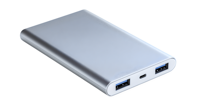 Sleek silver power bank to keep your devices charged on the go, perfect for digital nomads