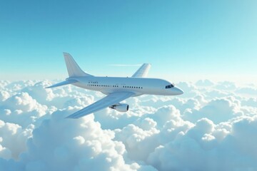 White jetliner soaring gracefully above fluffy white clouds on a clear sunny day