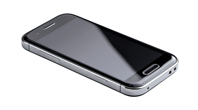 Sleek Smartphone: A cutting-edge smartphone lies in a pristine, high-angle shot, showcasing its smooth, glossy surface and modern design.