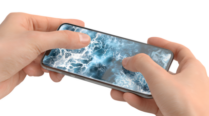 Hands holding modern phone with stunning ocean waves wallpaper and silver frame design in bright daylight