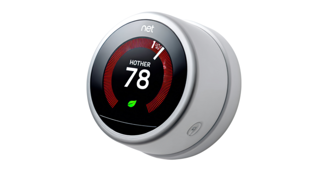 Smart Thermostat with Digital Display: A close-up captures a modern smart thermostat, showcasing its sleek design and intuitive digital display.