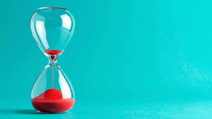 Hourglass with Red Sand on a Turquoise Background Symbolizing Time Running Out and Urgency in Still Life with Transparent Glass and Classic Sandgrain Details