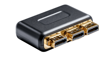 HDMI Hub: A sleek and modern HDMI hub with three gold-plated ports, designed to expand connectivity for modern devices. 