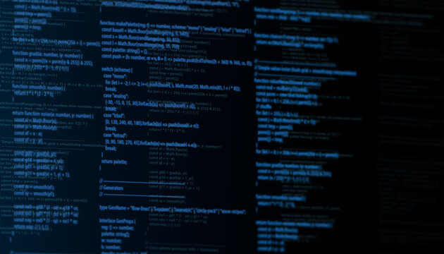  multiple panes of glowing blue programming code on a dark screen.